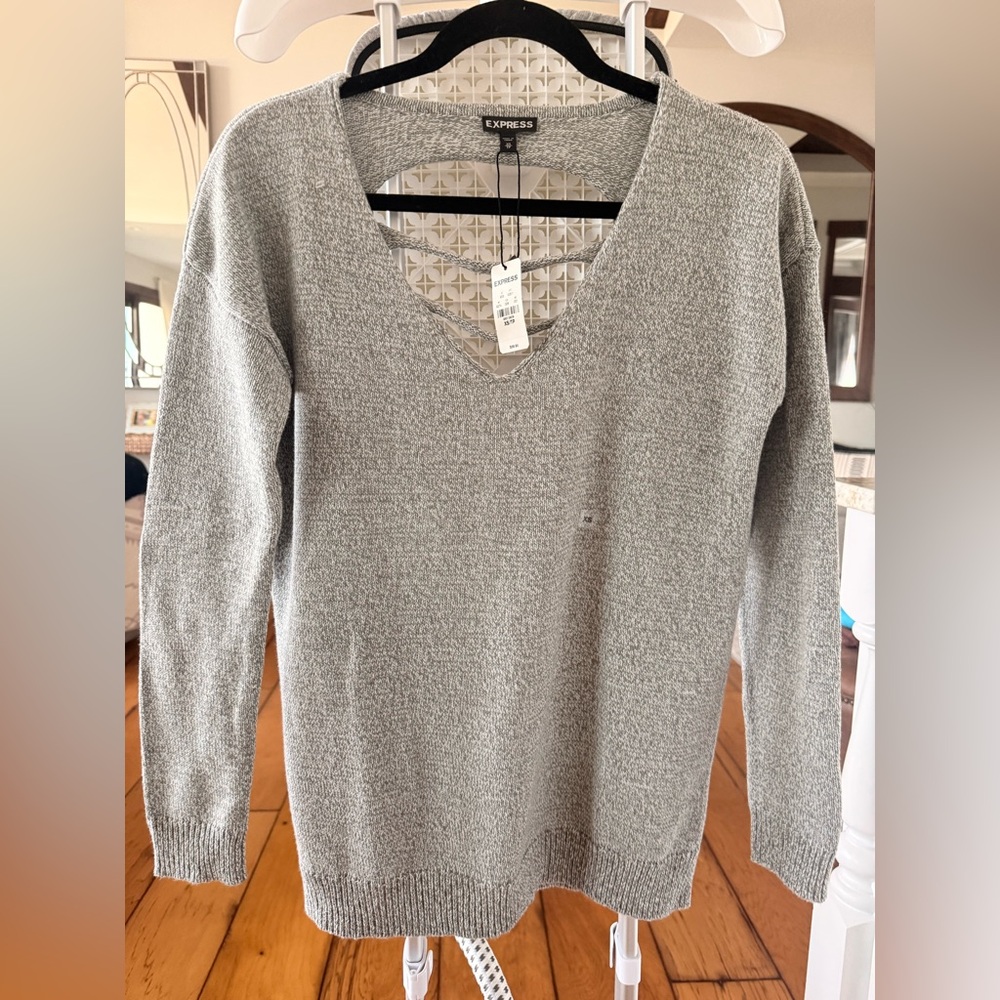 Express Oversized Light Gray V-Neck Sweater with back cut-outs